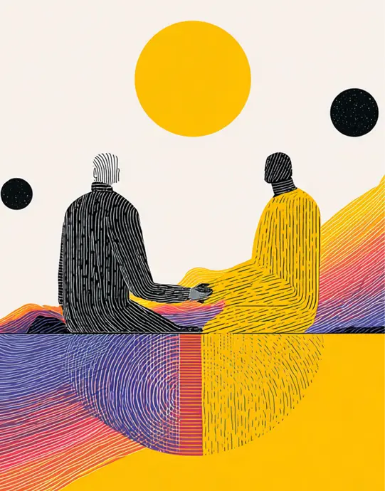 Abstrakt line art-illustrasjon av to personer som sitter side ved side, sett bakfra. Den ene figuren er mørk med svarte striper, den andre er gul. Under dem bølger fargerike lag i gult, oransje, rødt og lilla. Bakgrunnen er lys beige med en stor gul sirkel og en mørk blå sirkel øverst, samt en liten mørk sirkel til venstre. Et rødt rektangel er synlig nederst i midten.