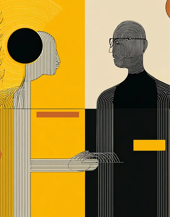 Abstrakt line art-illustrasjon av to personer i profil vendt mot hverandre. Den venstre figuren er lys med parallelle striper og er delvis overlappet av en stor svart sirkel. Den høyre figuren er mørk, iført briller, og tegnet med hvite konturlinjer. Bakgrunnen er delt i gult og beige, med oransje rektangler som dekorative elementer i midten. En rød halvbue er synlig øverst til høyre.