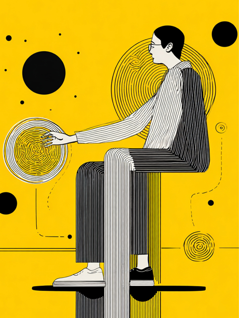 Abstrakt line art-illustrasjon av en person som sitter på en stol og holder en rund gjenstand med konsentriske sirkler. Figuren er tegnet med svarte og hvite vertikale striper på gul bakgrunn, og iført briller. Bak figuren er en stor sirkel med spiralmønster. Rundt figuren er flere sirkler i ulike størrelser – noen solide svarte, andre med spiralmønster – spredt utover den gule bakgrunnen.