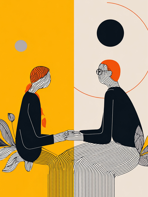 Abstrakt line art-illustrasjon av to personer som sitter side ved side, sett bakfra. Figurene er tegnet med parallelle svarte striper og har rødt hår. Den ene bærer en mørk jakke, den andre en lys. Bakgrunnen er delt i gult og beige, med en stor svart sirkel og en rød halvbue øverst til høyre, samt stiliserte blader nederst. En grå sirkel er synlig til venstre.
